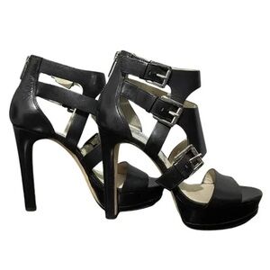 Michael Kors Lucinda Black Zip Leather Open Toe High Heel Pumps Platform Heels